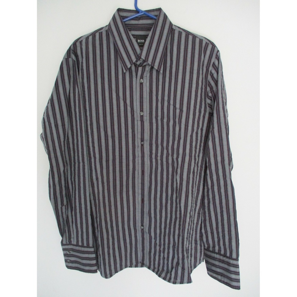 Mens Hugo Boss Slim Fit Dress Shirt Size XL Gray Blue Striped